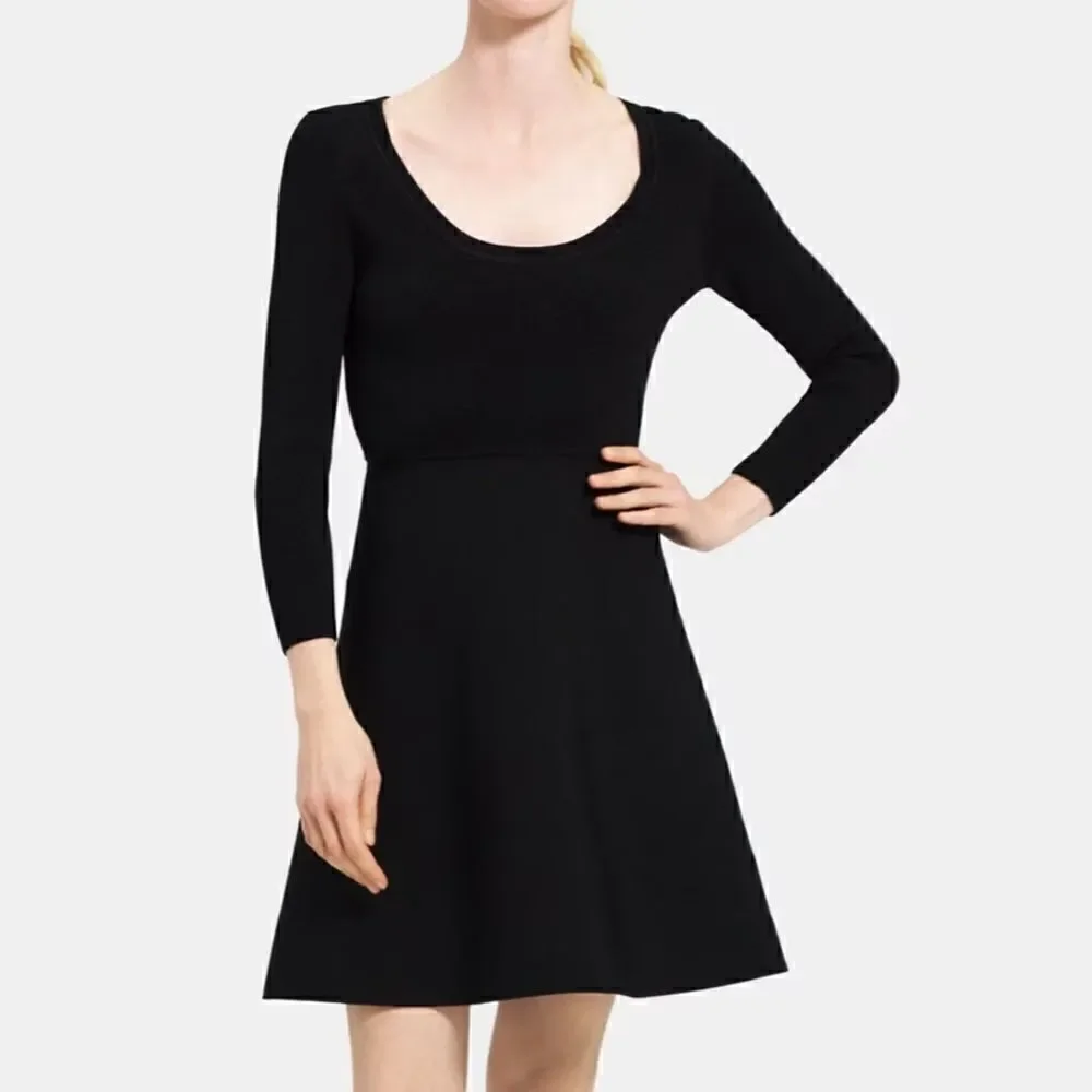 Theory Black Fit & Flare Dress 3/4 Sleeve Scoop Neck Knit Mini Size 2